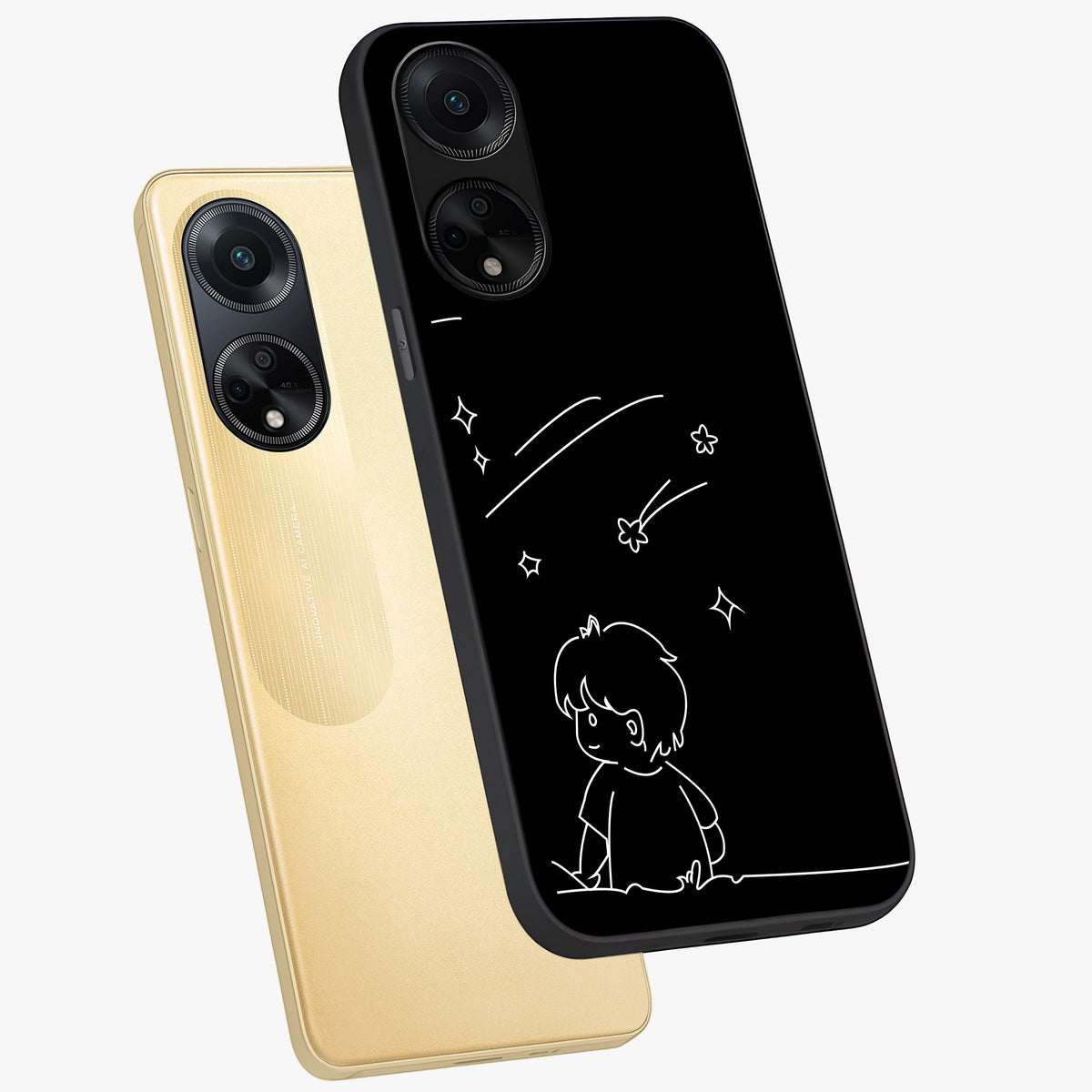 Line Art Boy With Shooting Stars Glass Case displayed in angled mockup highlighting elegant line art design with dreamy star aesthetic.