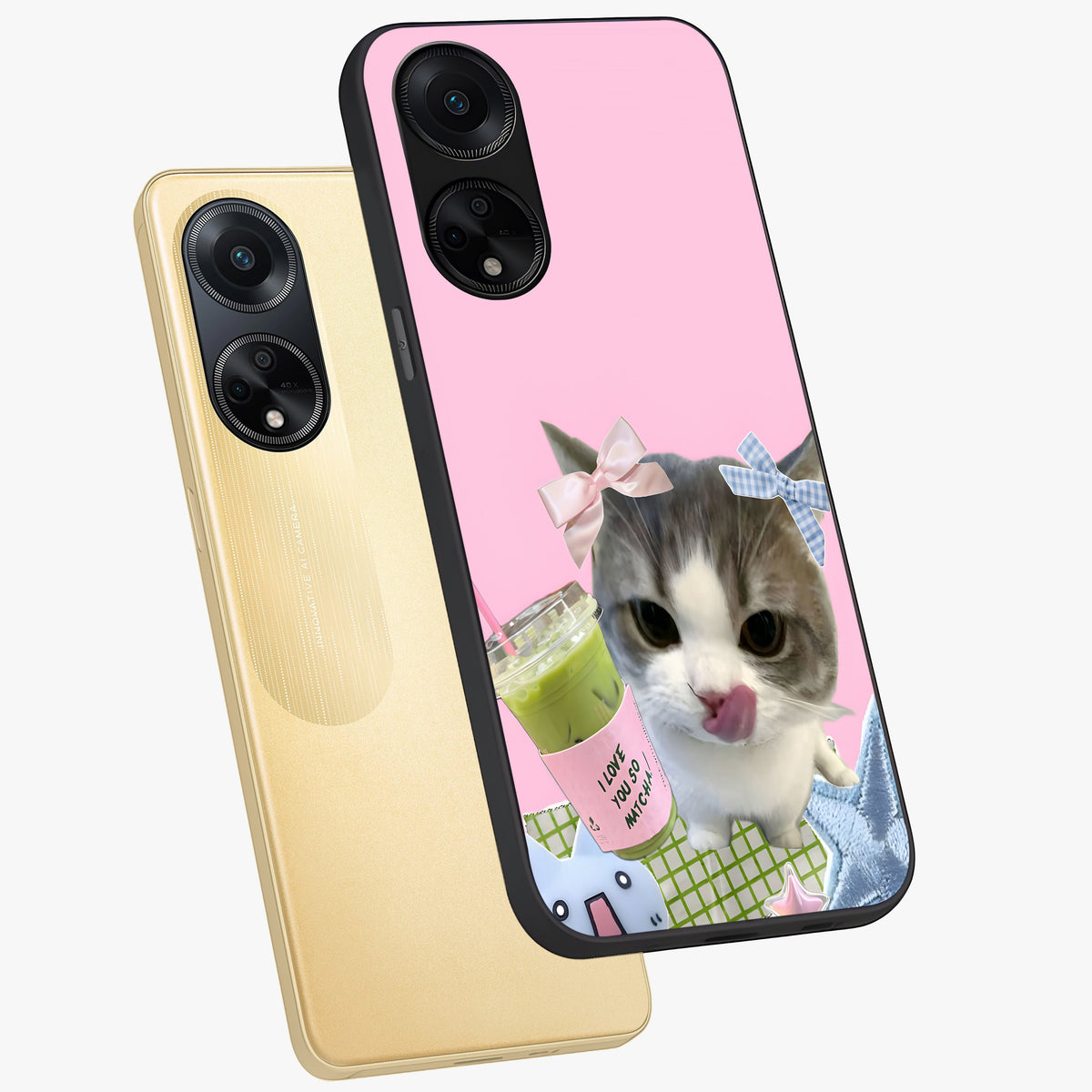 Love Matcha Cat Glass Case displayed in angled mockup highlighting playful feline illustration with cozy matcha aesthetic.