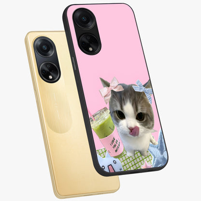 Love Matcha Cat Glass Case displayed in angled mockup highlighting playful feline illustration with cozy matcha aesthetic.