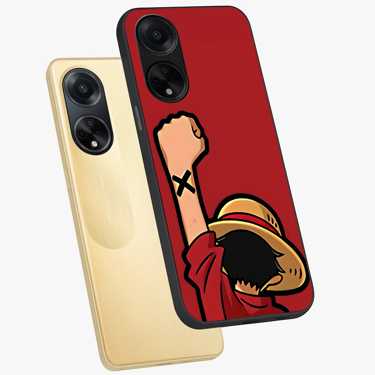 Luffy X Spirit Glass Case displayed in angled mockup highlighting powerful anime design with energetic action aesthetic.