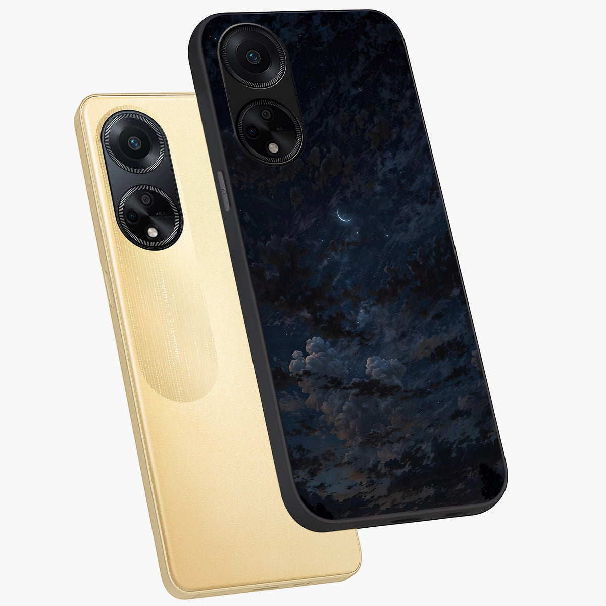 Lunar Veil Silence Glass Case displayed in angled mockup highlighting soft lunar design with peaceful celestial aesthetic.