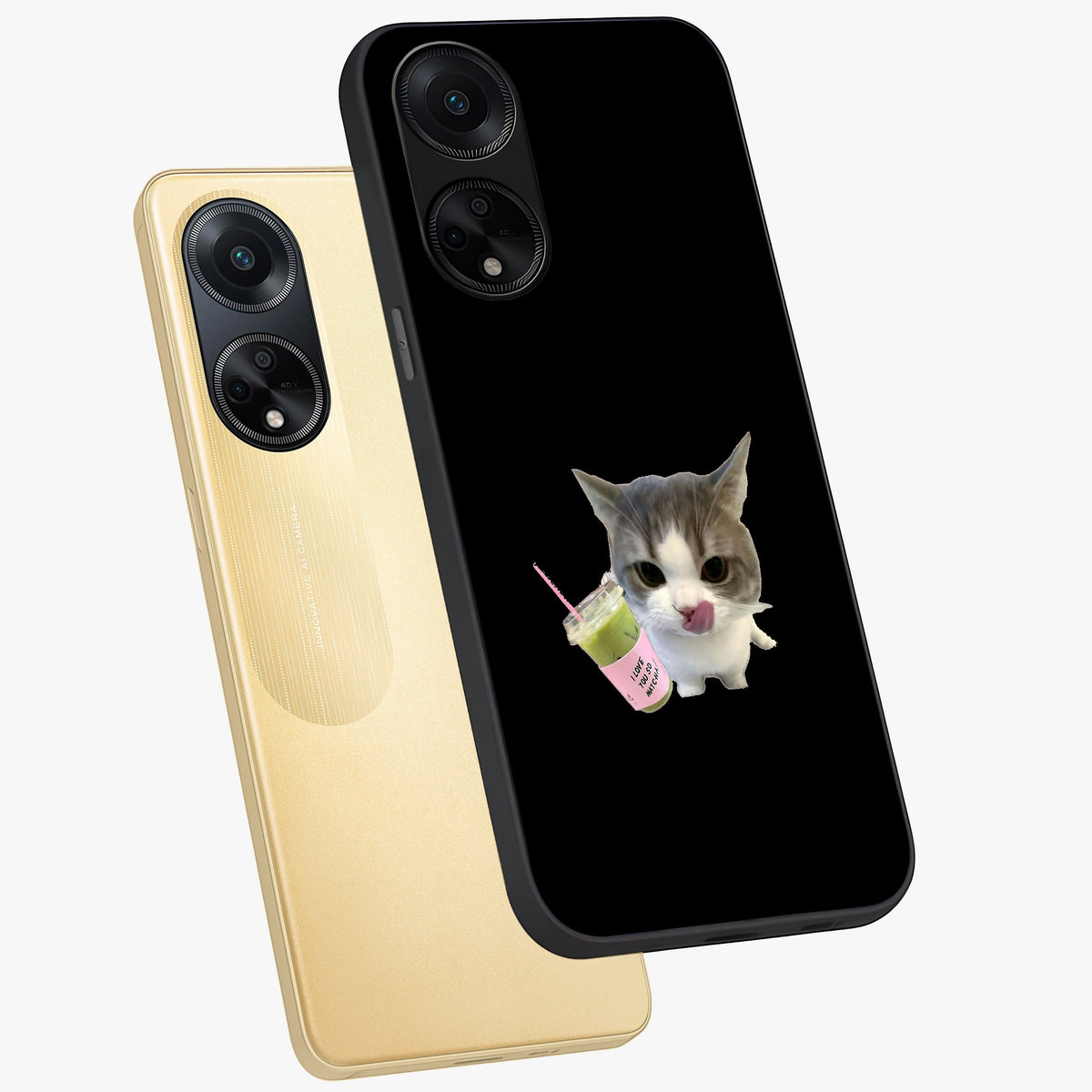 Matcha Cat Style Glass Case displayed in angled mockup highlighting playful feline design with pastel matcha aesthetic.