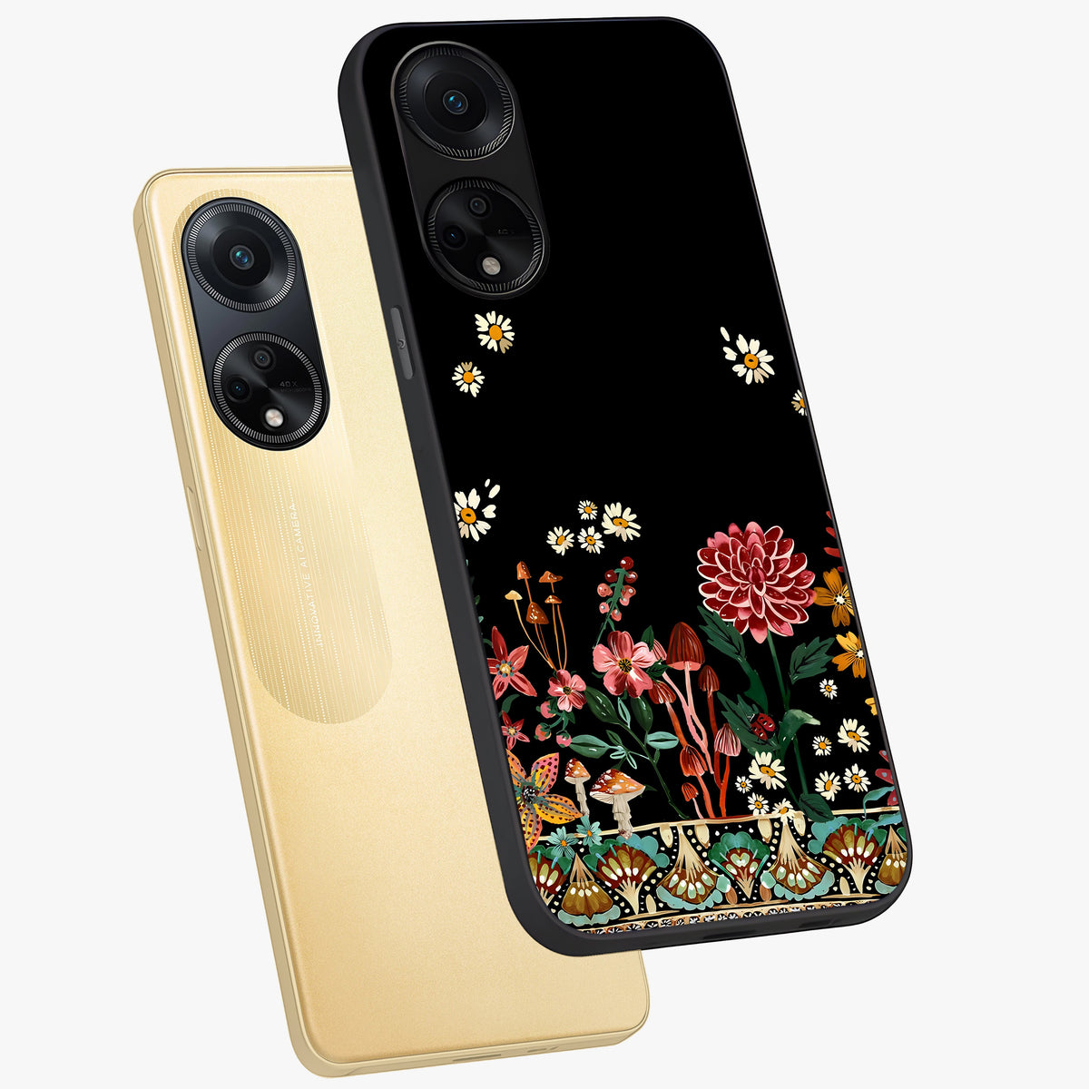 Midnight Bloom Pattern Glass Case displayed in angled mockup highlighting elegant flower design with midnight aesthetic style.