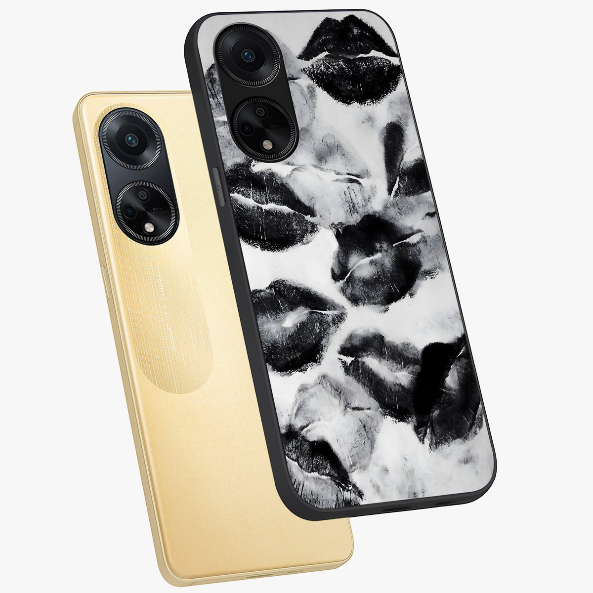 Midnight Kiss Marks Glass Case displayed in angled mockup highlighting playful romantic design with bold midnight aesthetic.