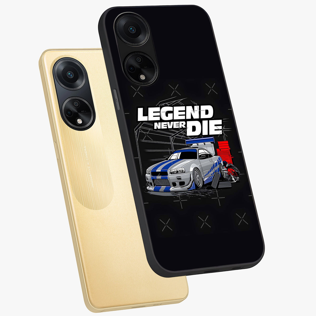 Midnight Racing Legacy Glass Case displayed in angled mockup highlighting dynamic automotive design with bold midnight aesthetic.