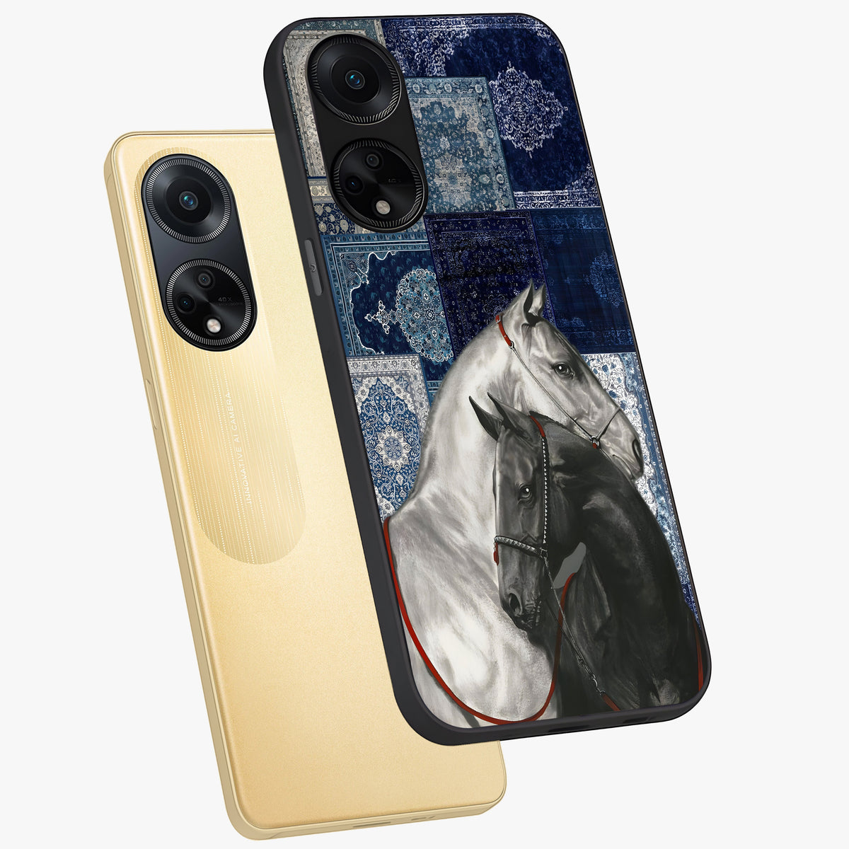 Midnight Stallion Blues Glass Case displayed in angled mockup highlighting powerful stallion illustration with deep midnight tones.