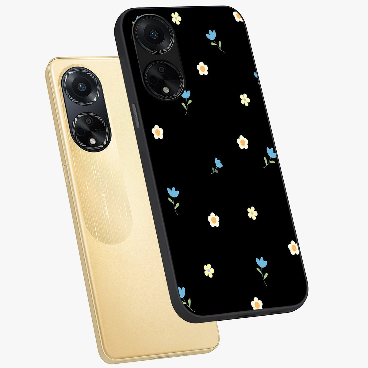Minimal Petal Whispers Glass Case displayed in angled mockup highlighting delicate petal design with clean minimal aesthetic.