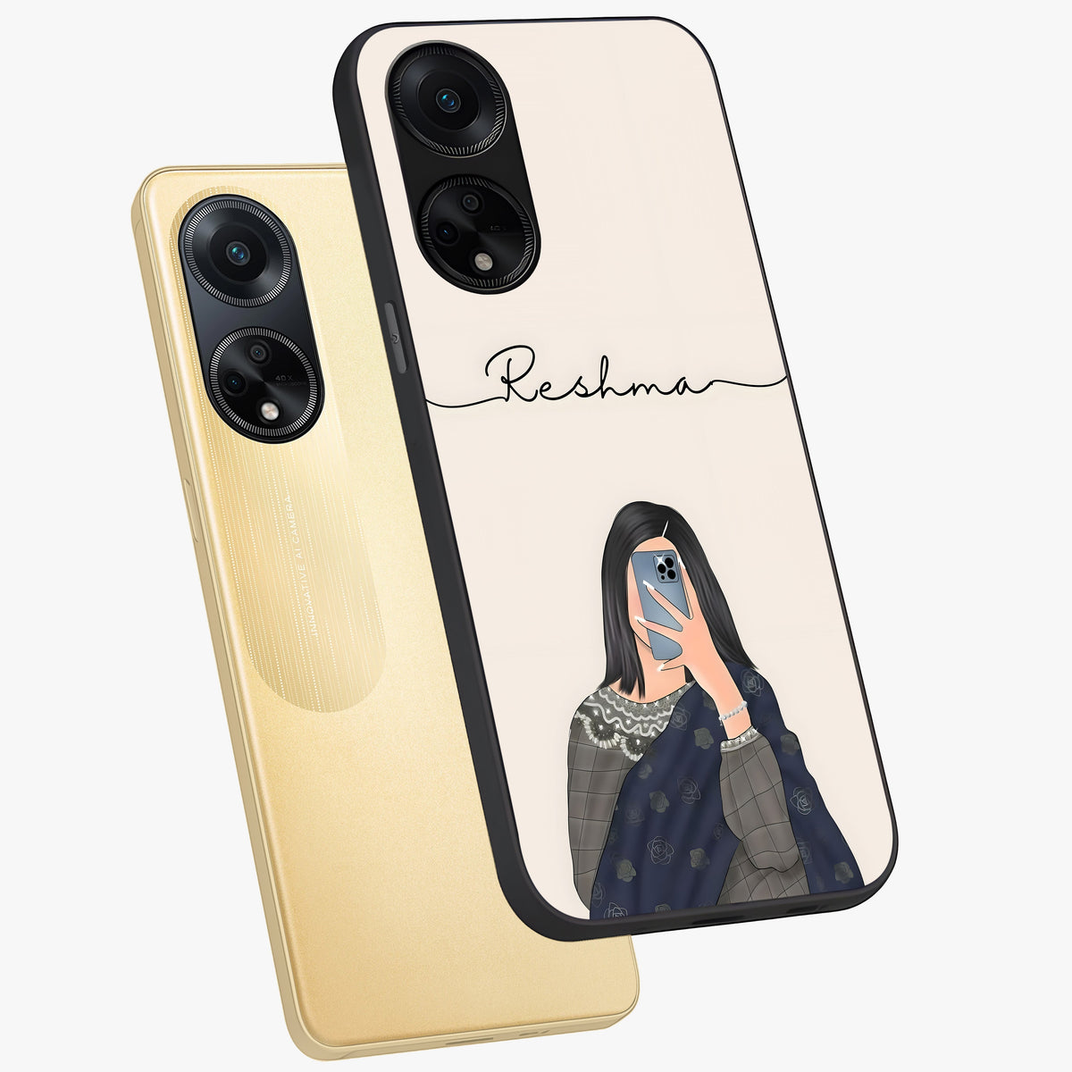 Mirror Mood Muse With Custom Name Glass Case displayed in angled mockup highlighting aesthetic mirror inspired design with custom name feature.