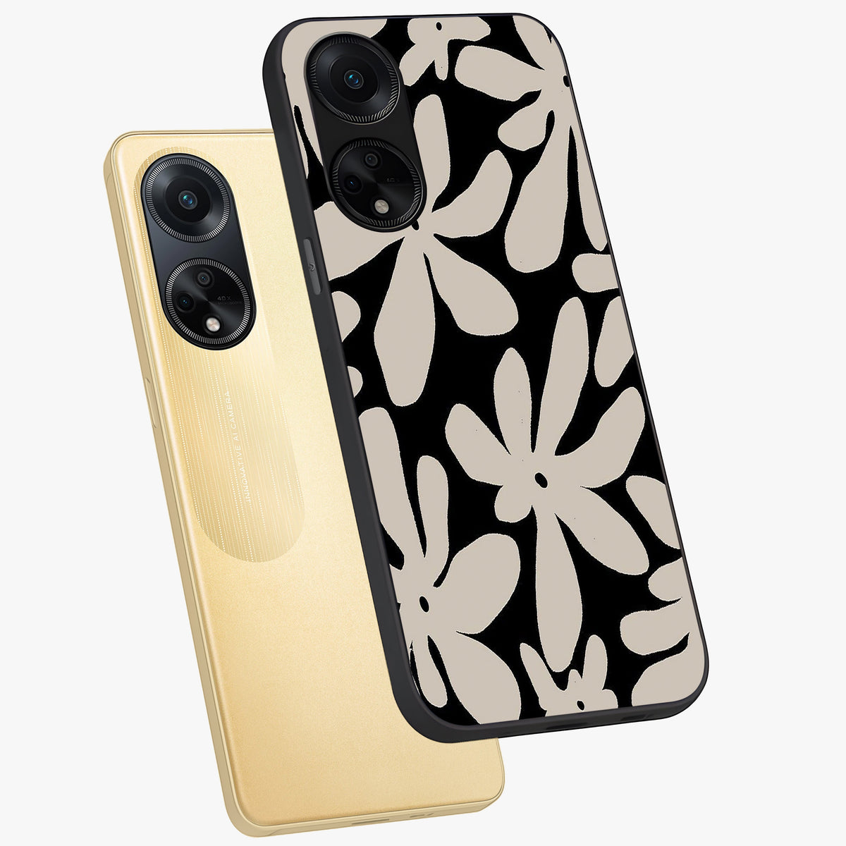 Monochrome Petal Dance Glass Case displayed in angled mockup highlighting elegant petal design with black and white aesthetic.