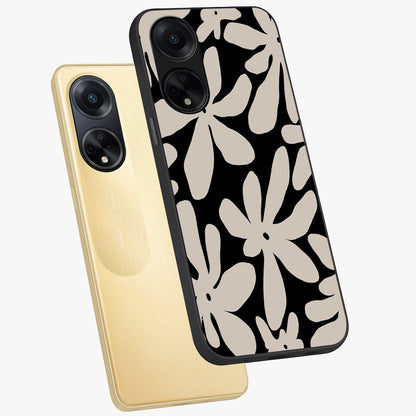 Monochrome Petal Dance Glass Case displayed in angled mockup highlighting elegant petal design with black and white aesthetic.