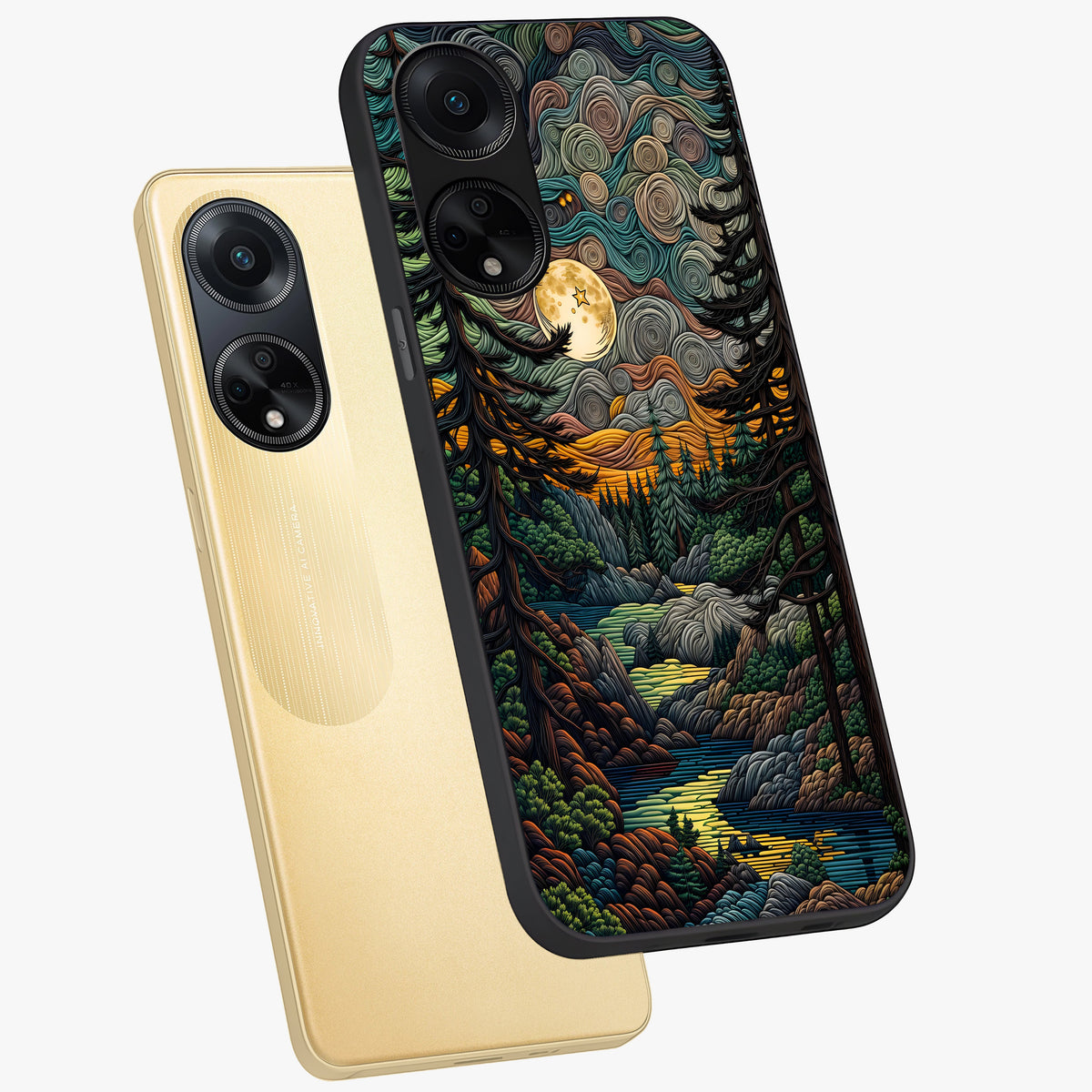 Moonlight Forest Dream Glass Case displayed in angled mockup highlighting dreamy forest design with glowing moon aesthetic.