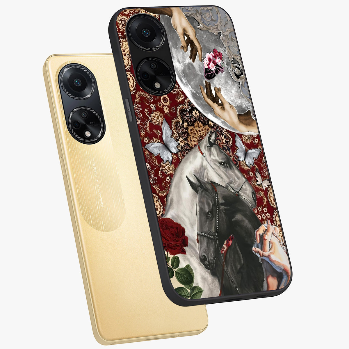 Moonlit Royal Stallion Glass Case displayed in angled mockup highlighting powerful stallion illustration with royal night aesthetic.