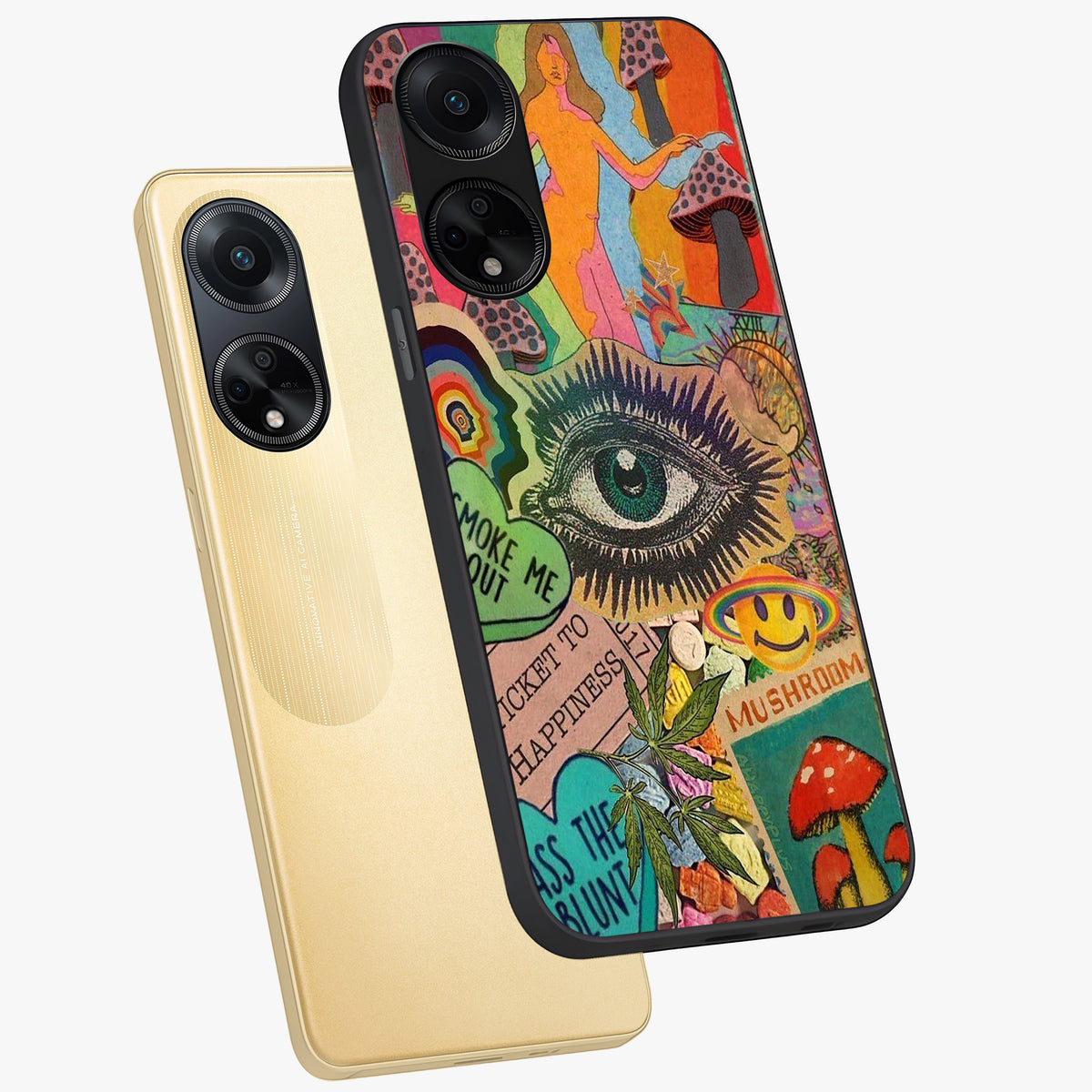 Mystic Eye Wonderland Glass Case displayed in angled mockup highlighting magical eye illustration with dreamy aesthetic.
