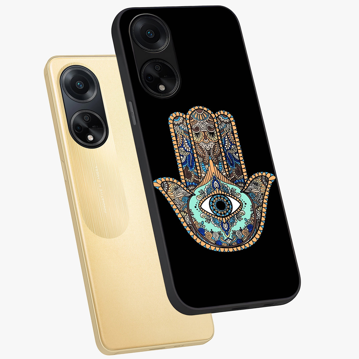 Mystic Hamsa Eye Glass Case displayed in angled mockup highlighting spiritual hamsa symbol with mystical aesthetic style.