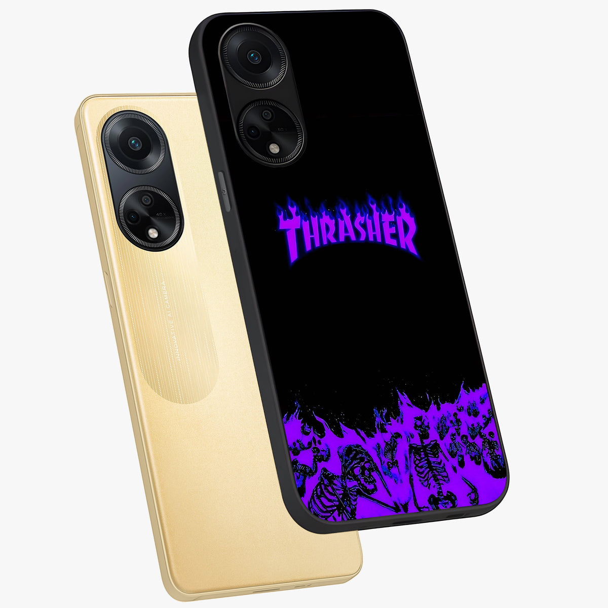 Neon Flame Riot Glass Case displayed in angled mockup highlighting glowing flame design with vibrant neon aesthetic.