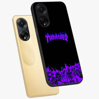 Neon Flame Riot Glass Case displayed in angled mockup highlighting glowing flame design with vibrant neon aesthetic.