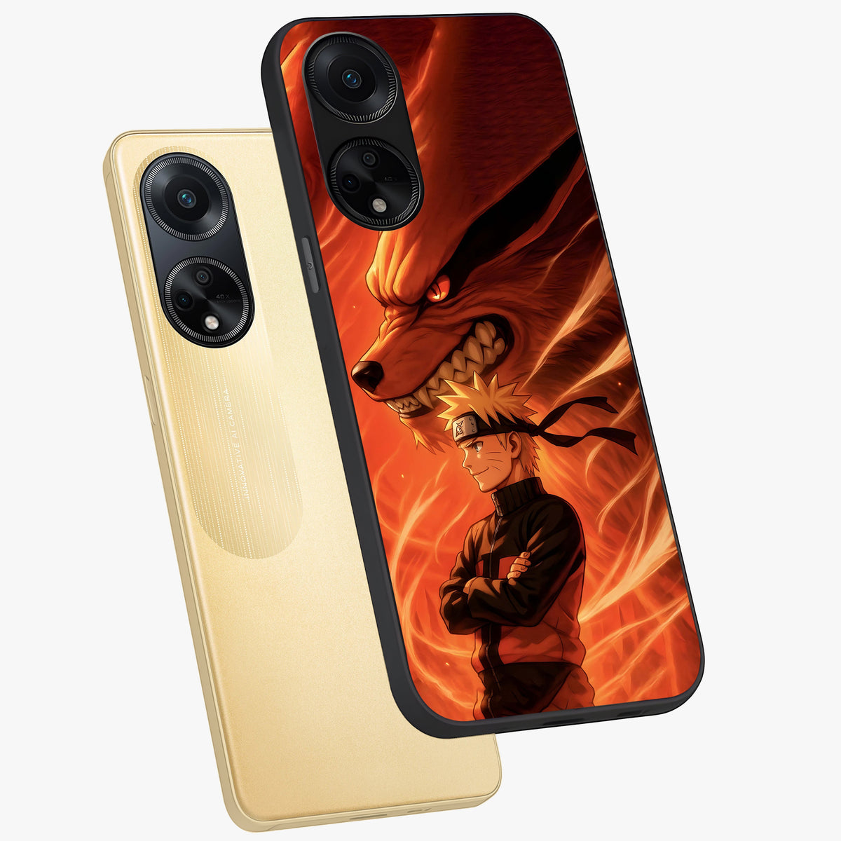 Nine Tails Legacy Glass Case displayed in angled mockup highlighting dynamic anime beast illustration with bold mystical aesthetic.