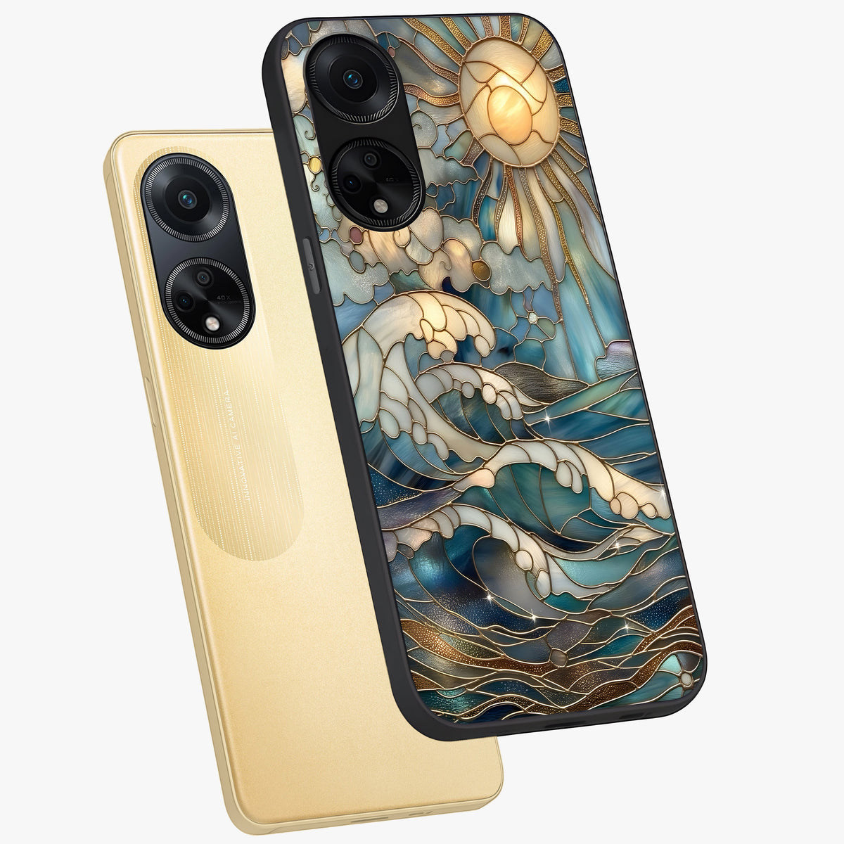 Oceanic Stained Printed Glass Case displayed in angled mockup highlighting colorful aquatic design with artistic aesthetic style.