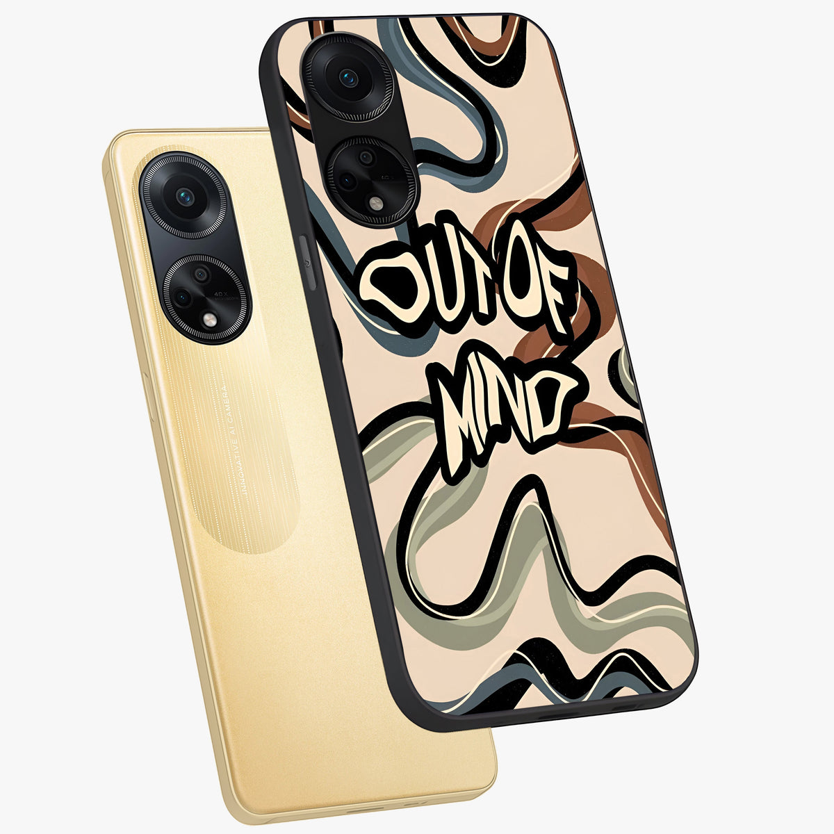 Out Of Mind Glass Case displayed in angled mockup highlighting bold statement design with modern artistic aesthetic.