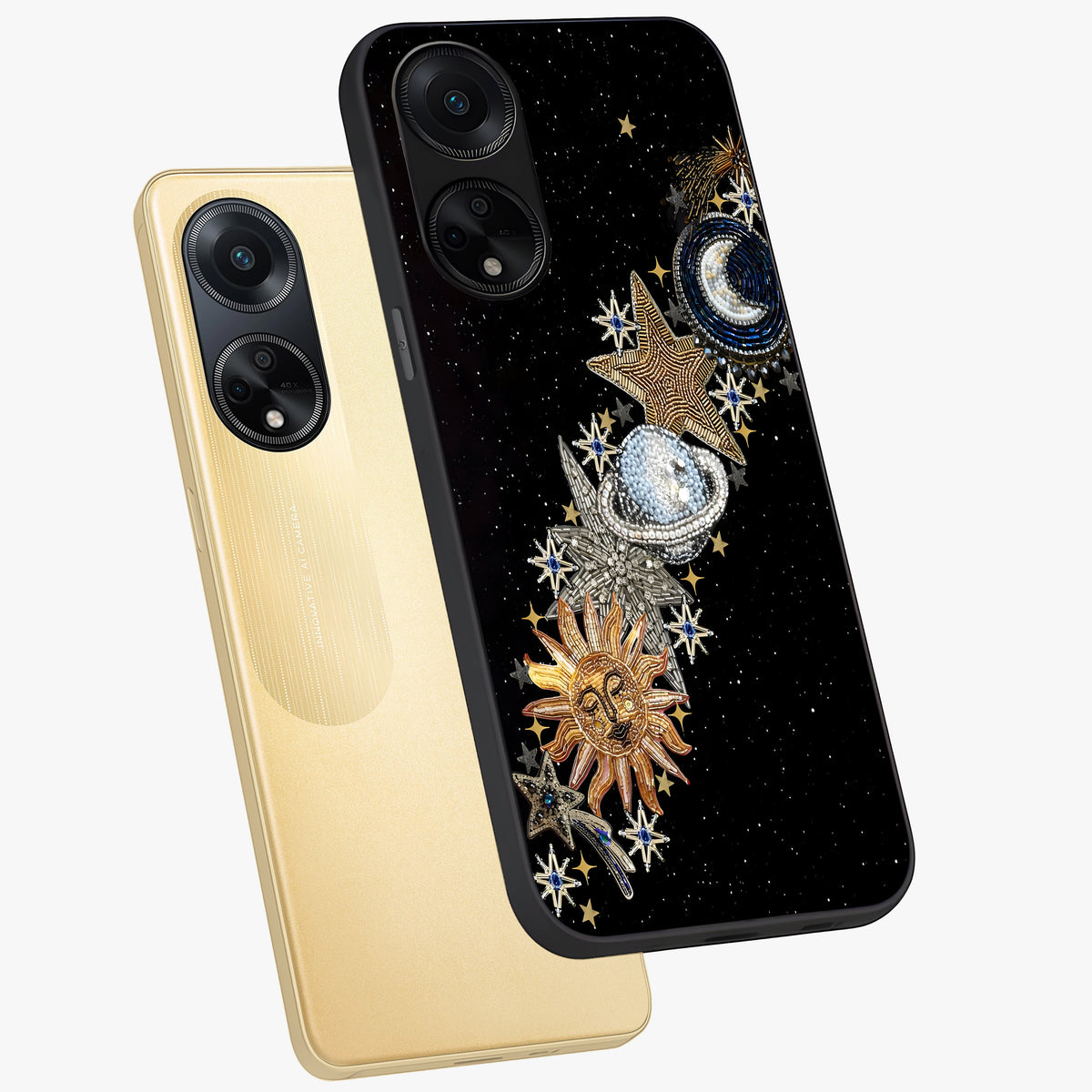 Pearls Universe Object Glass Case displayed in angled mockup highlighting celestial pearl design with dreamy aesthetic.