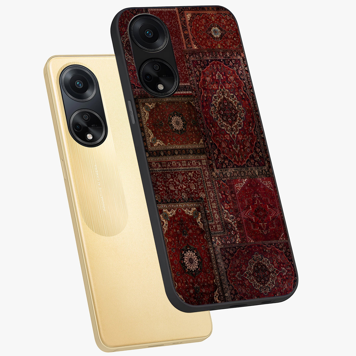 Persian Velvet Tale Glass Case displayed in angled mockup highlighting ornate textile inspired design with royal aesthetic.