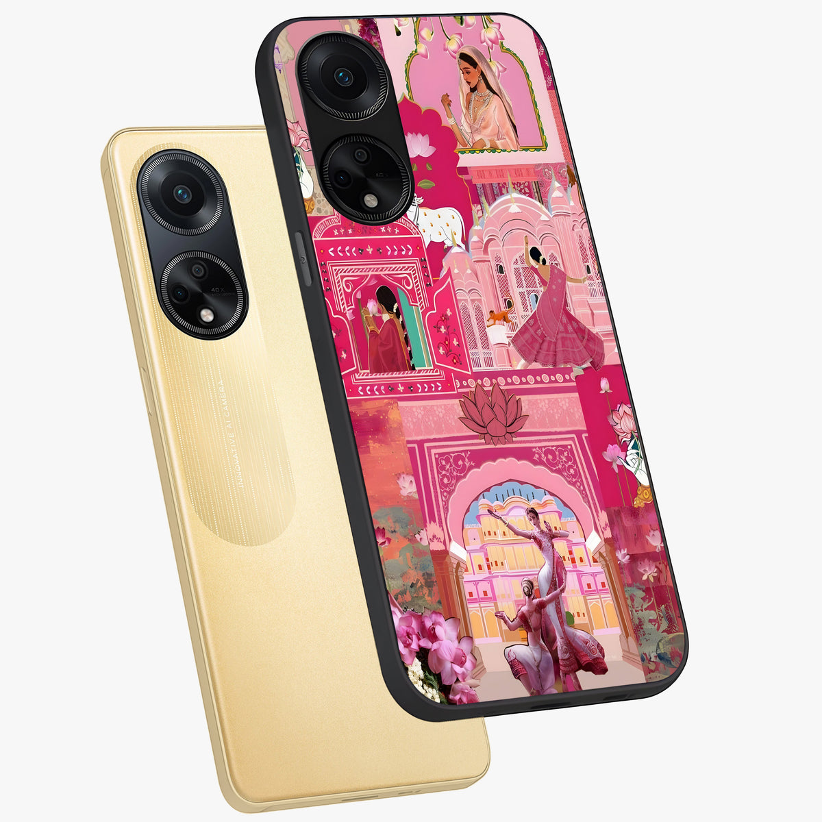 Pink Palace Muse Glass Case displayed in angled mockup highlighting dreamy palace illustration with soft pink aesthetic.