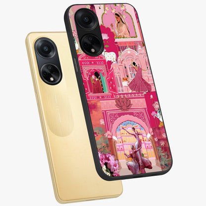 Pink Palace Muse Glass Case displayed in angled mockup highlighting dreamy palace illustration with soft pink aesthetic.