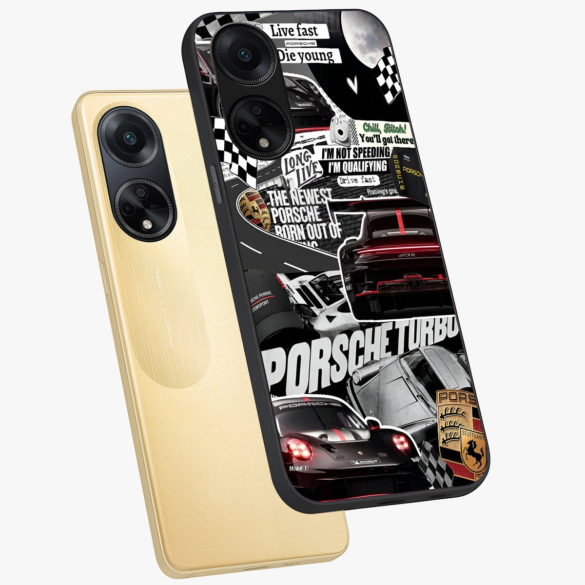 Porsche Racing Collage Glass Case displayed in angled mockup highlighting dynamic automotive design with bold racing aesthetic.