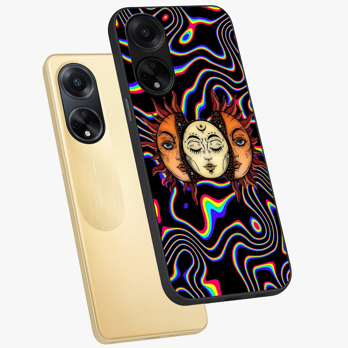 Psychedelic Sun Glass Case displayed in angled mockup highlighting vibrant abstract sun design with artistic aesthetic style.
