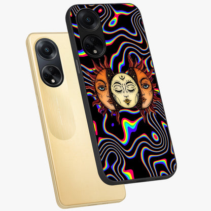 Psychedelic Sun Glass Case displayed in angled mockup highlighting vibrant abstract sun design with artistic aesthetic style.