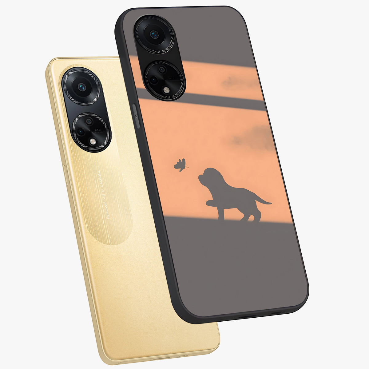 Puppy Shadow Art Glass Case displayed in angled mockup highlighting playful dog illustration with artistic shadow aesthetic.
