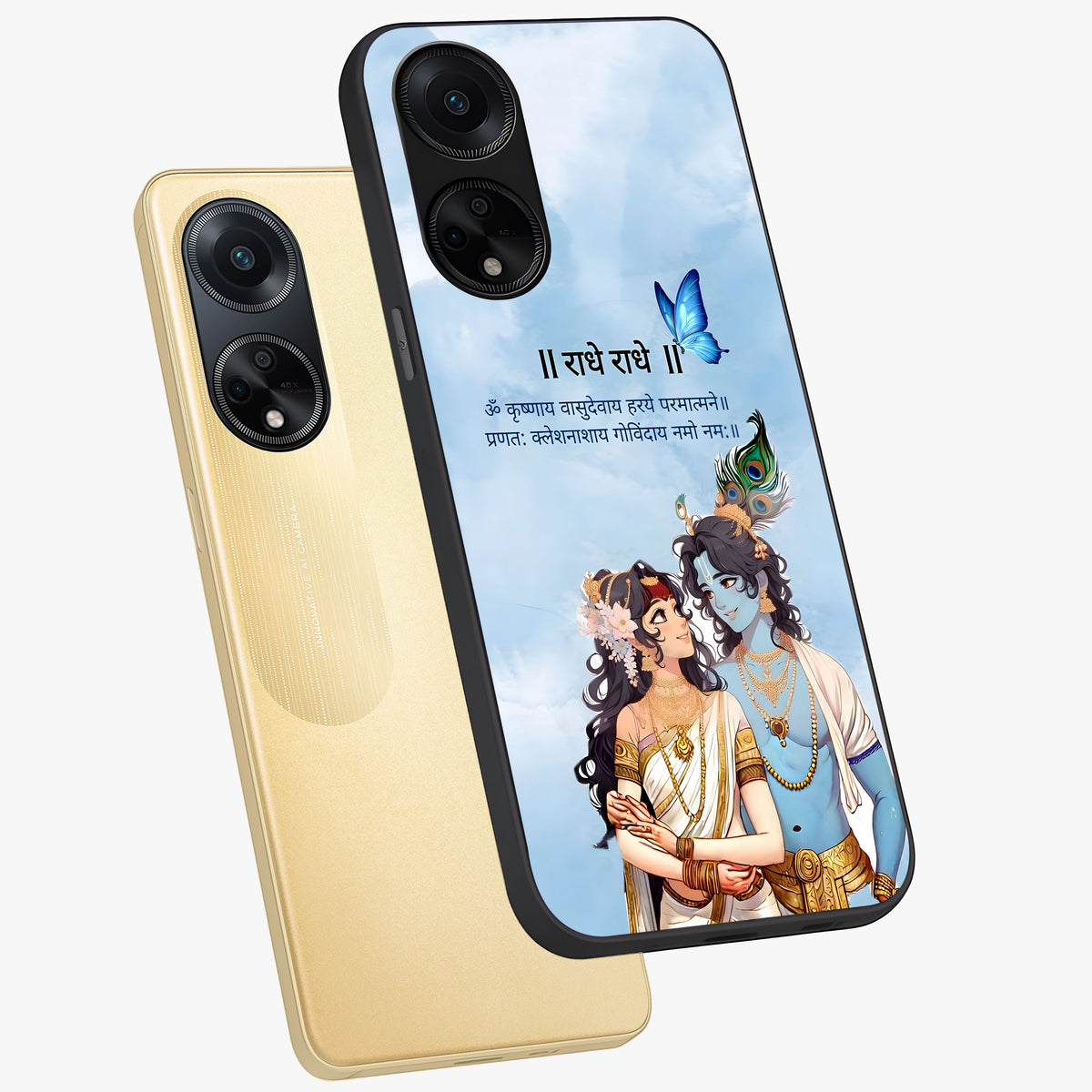 Radha Krishna Eternal Glass Case displayed in angled mockup highlighting divine Radha Krishna illustration with spiritual aesthetic.