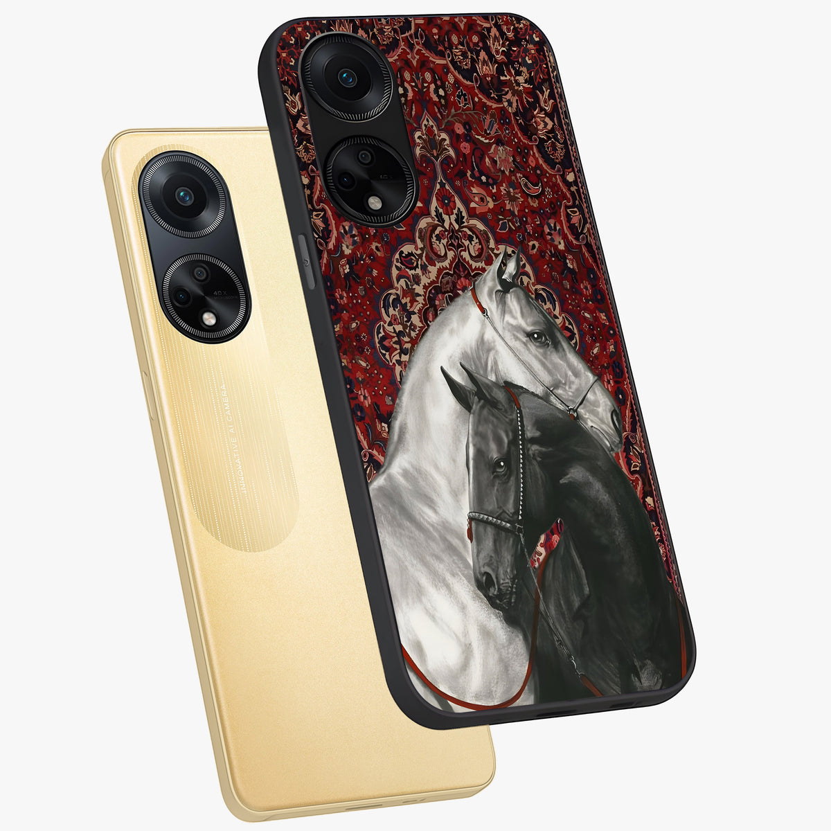 Regal Stallion Tapestry Glass Case displayed in angled mockup highlighting royal stallion design with decorative heritage aesthetic.