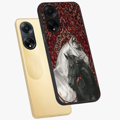 Regal Stallion Tapestry Glass Case displayed in angled mockup highlighting royal stallion design with decorative heritage aesthetic.