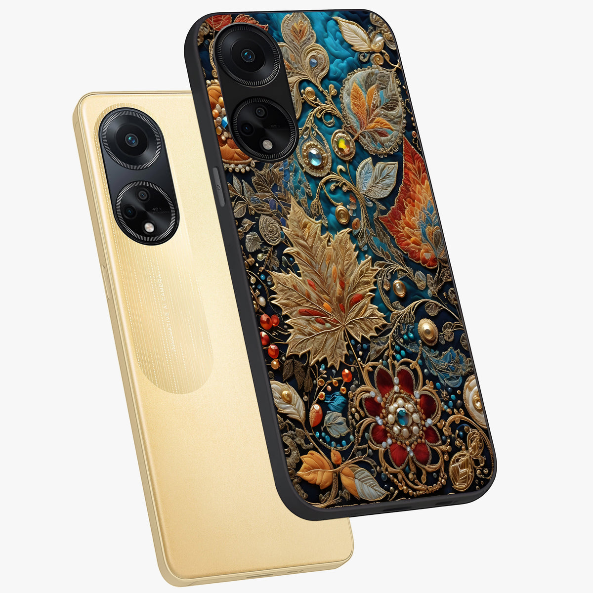 Royal Jewel Garden Glass Case displayed in angled mockup highlighting vibrant jewel inspired floral design with elegant aesthetic.