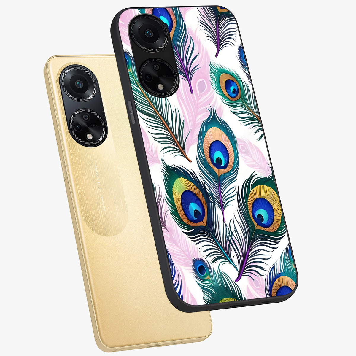 Royal Peacock Feathers Glass Case displayed in angled mockup highlighting vibrant feather pattern with regal aesthetic style.
