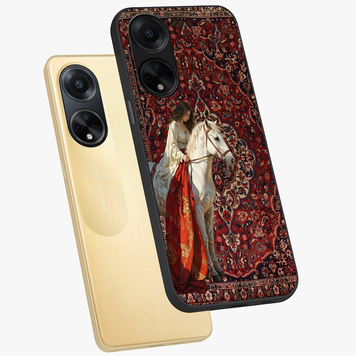 Royal Rider Tapestry Glass Case displayed in angled mockup highlighting traditional tapestry design with royal heritage aesthetic.
