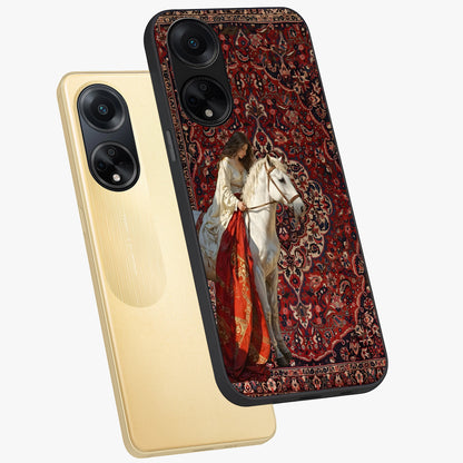 Royal Rider Tapestry Glass Case displayed in angled mockup highlighting traditional tapestry design with royal heritage aesthetic.