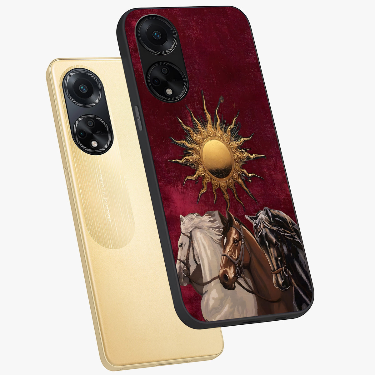 Solar Riders Glass Case displayed in angled mockup highlighting powerful rider illustration with radiant solar aesthetic.