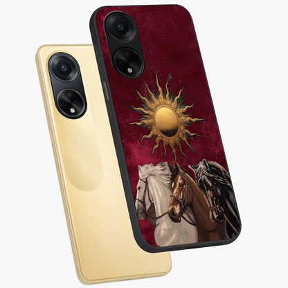 Solar Riders Glass Case displayed in angled mockup highlighting powerful rider illustration with radiant solar aesthetic.
