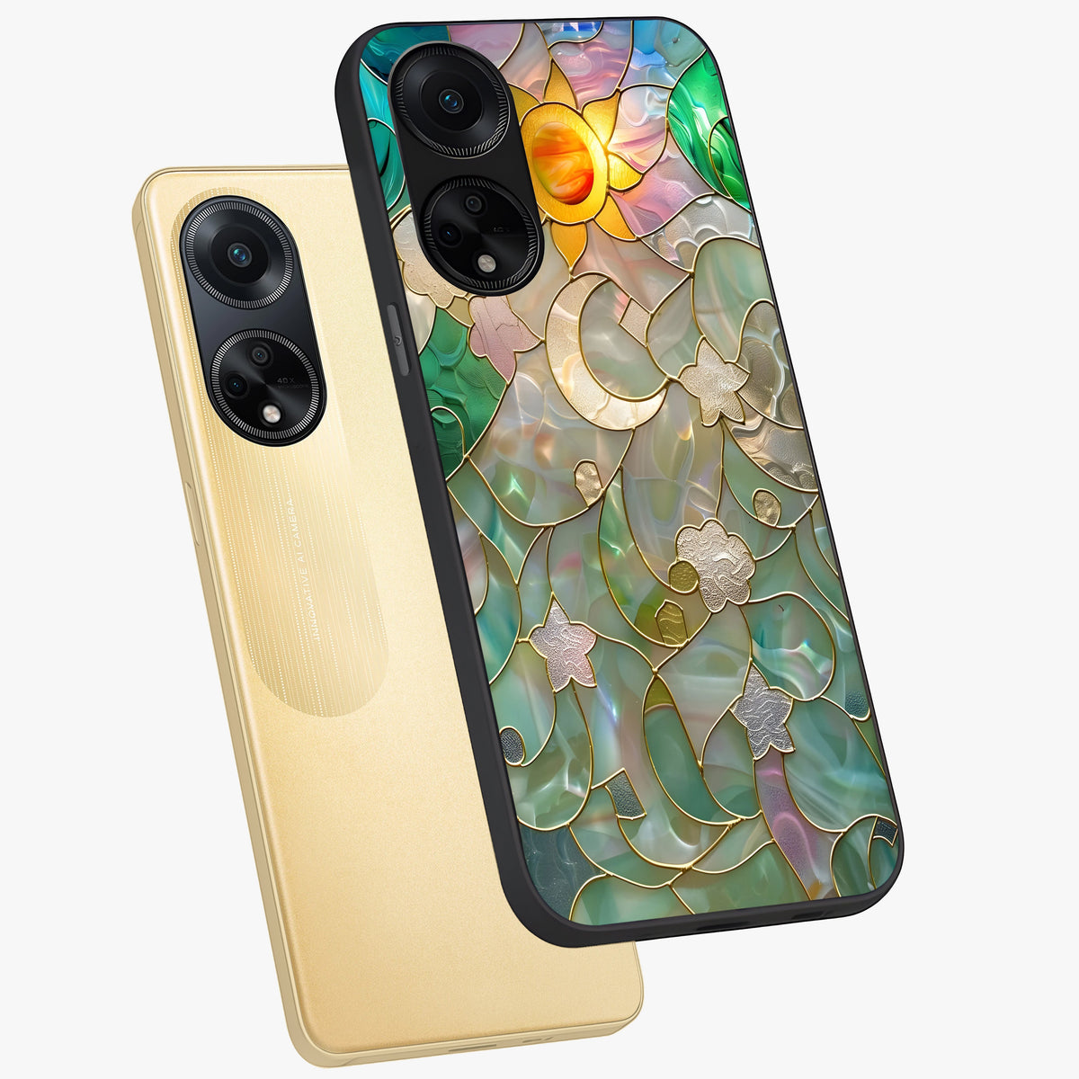 Stained Sunrise Glow Glass Case displayed in angled mockup highlighting radiant sunrise design with artistic aesthetic style.