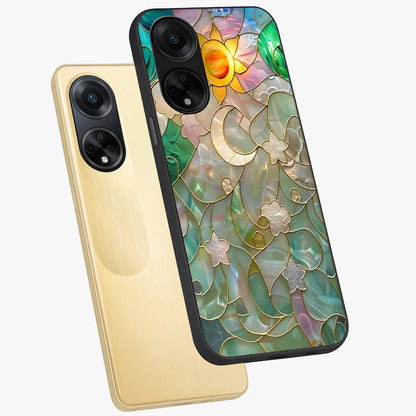 Stained Sunrise Glow Glass Case displayed in angled mockup highlighting radiant sunrise design with artistic aesthetic style.