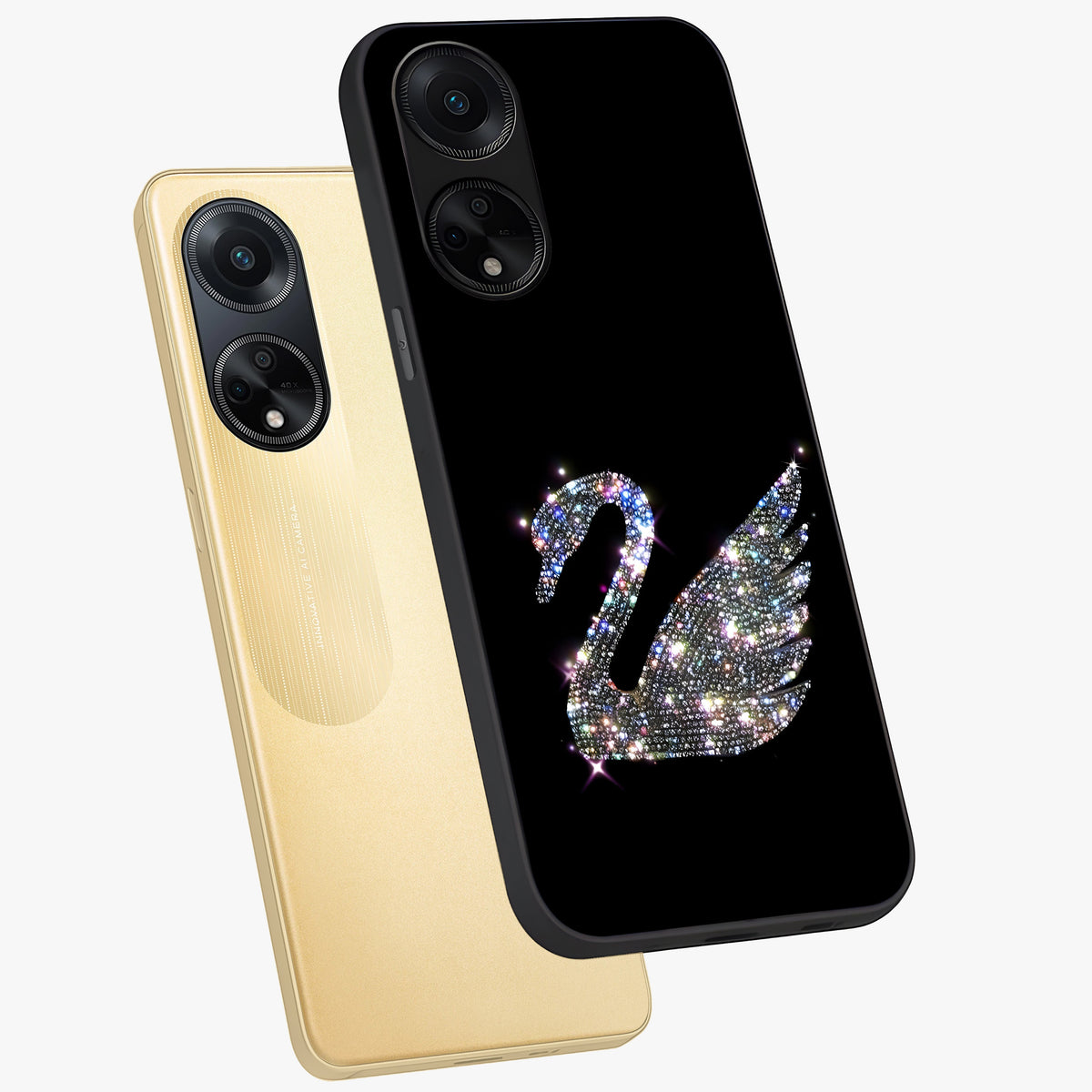 Starlit Swan Grace Glass Case displayed in angled mockup highlighting elegant swan illustration with dreamy celestial aesthetic.