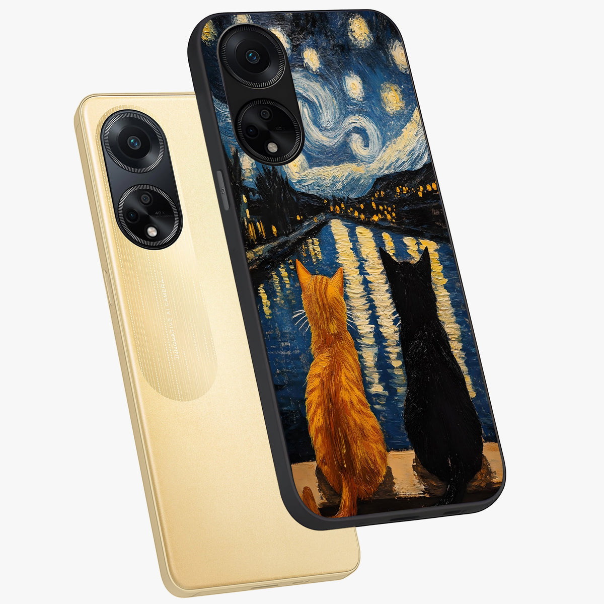 Starry River Cats Glass Case displayed in angled mockup highlighting charming feline illustration with dreamy night aesthetic.