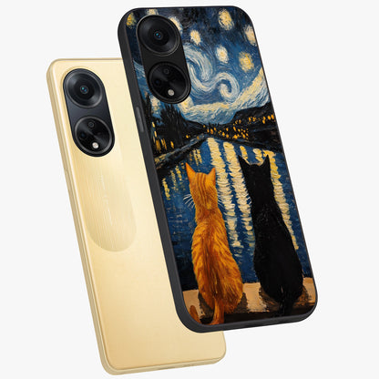 Starry River Cats Glass Case displayed in angled mockup highlighting charming feline illustration with dreamy night aesthetic.