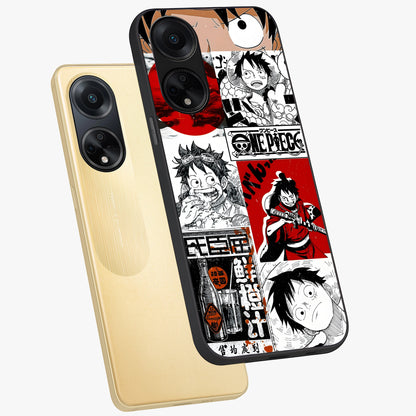 Strawhat Chaos Panels Glass Case displayed in angled mockup highlighting vibrant anime collage design with action aesthetic.