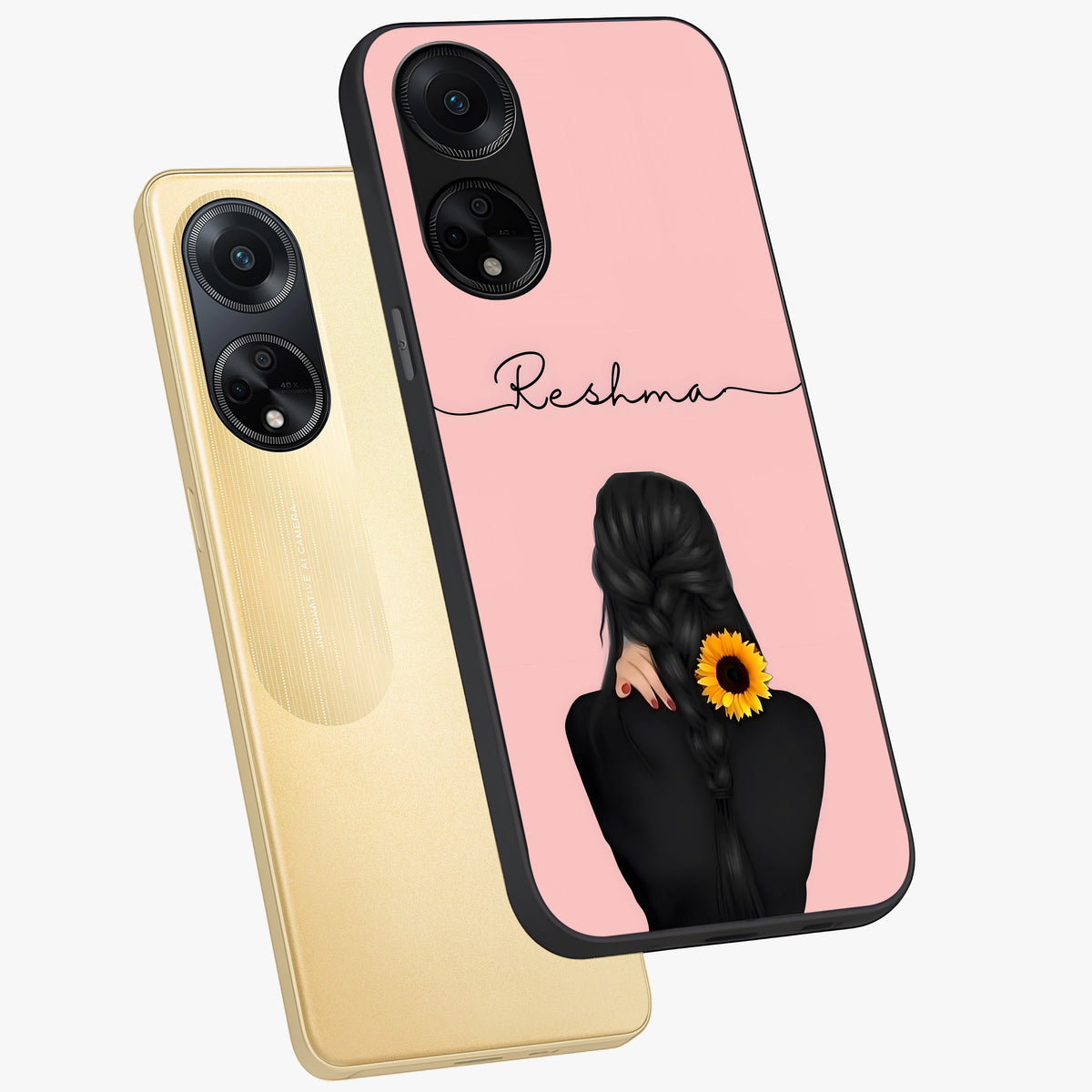Sunflower Braid Beauty With Custom Name Glass Case displayed in angled mockup highlighting elegant sunflower design with custom name feature.