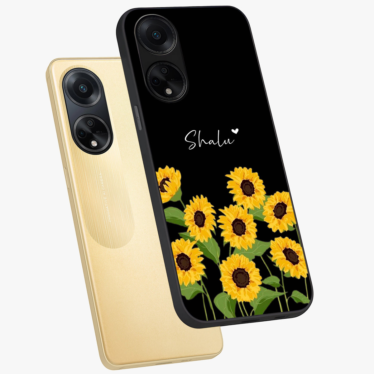 Sunflower Chic Mood Custom Name Glass Case displayed in angled mockup highlighting vibrant sunflower design with custom name feature.
