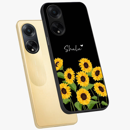 Sunflower Chic Mood Custom Name Glass Case displayed in angled mockup highlighting vibrant sunflower design with custom name feature.
