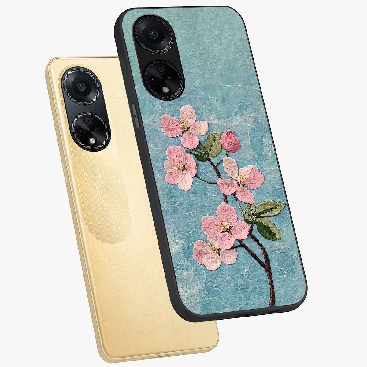 Threaded Blossom Breeze Glass Case displayed in angled mockup highlighting elegant floral design with soft aesthetic style.